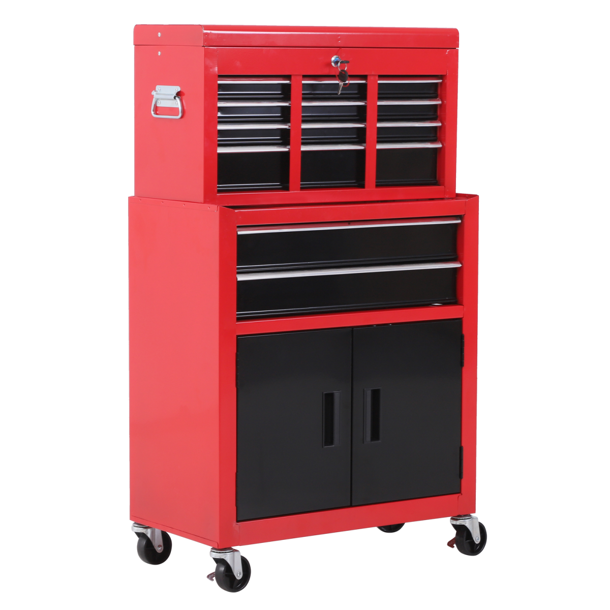 Portable Tool Chest and Roll Cab Combo with 6 Drawers, Lockable Top Chest, 360° Swivel Ball Bearing Runners, Metal Garage Storage Cabinet