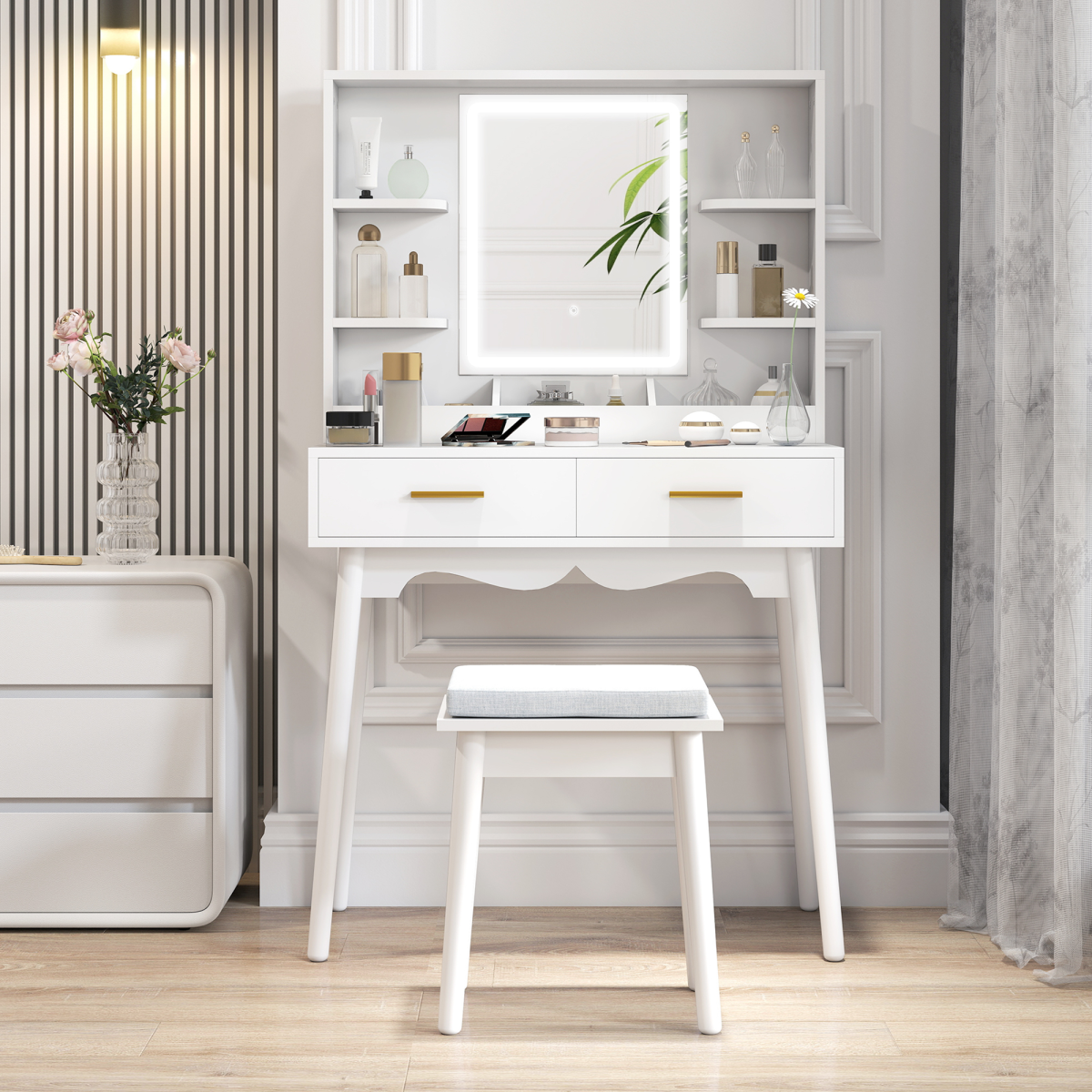 HOMCOM White Dressing Table with LED Mirror, Stool & Storage
