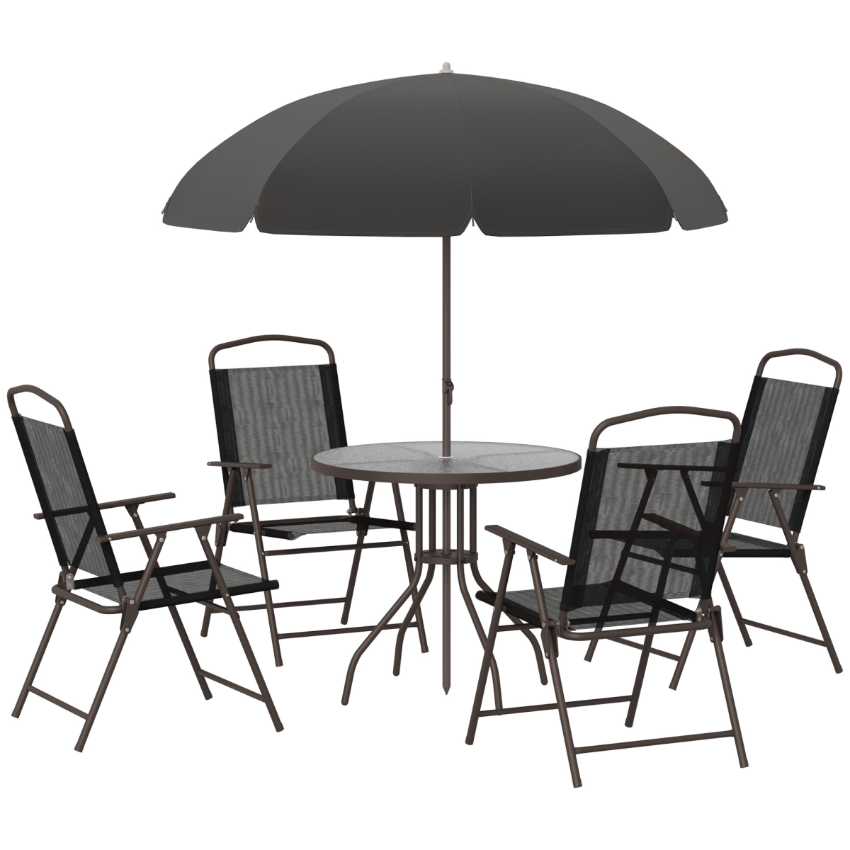 Outsunny 6-Piece Black Outdoor Bistro Set with Round Table, 4 Foldable Texteline Chairs and Parasol