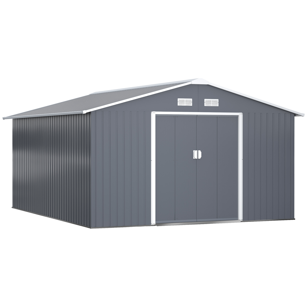 Outsunny 13 x 11FT Galvanised Steel Outdoor Garden Shed with Sliding Double Doors, Ventilation and Floor Foundation, Grey