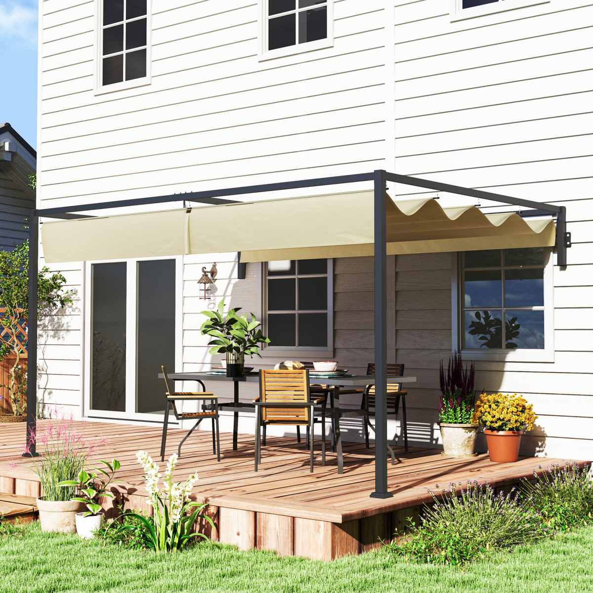 Outsunny 3 x 4m Wall-Mounted Pergola with Retractable Roof, Khaki
