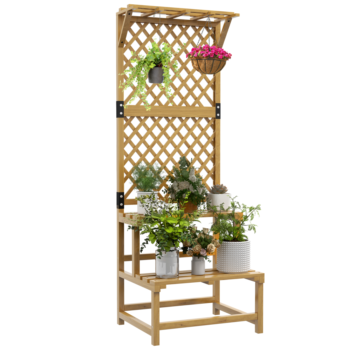 Outsunny Wooden Plant Stand with Trellis, 2-Shelf Flower and Plant Display, Yellow