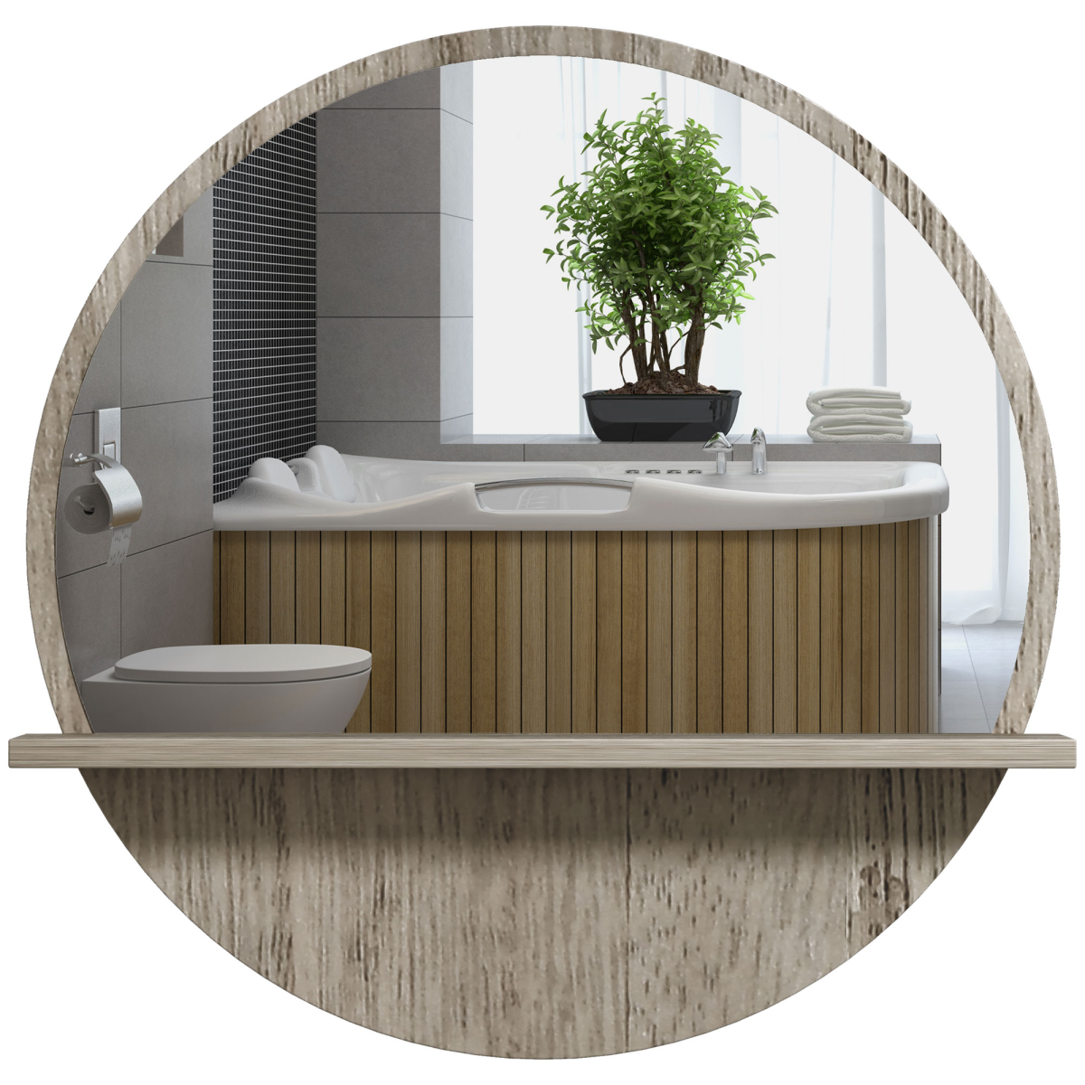 HOMCOM Round Wall Mirror with Shelf, Grey Wood Effect