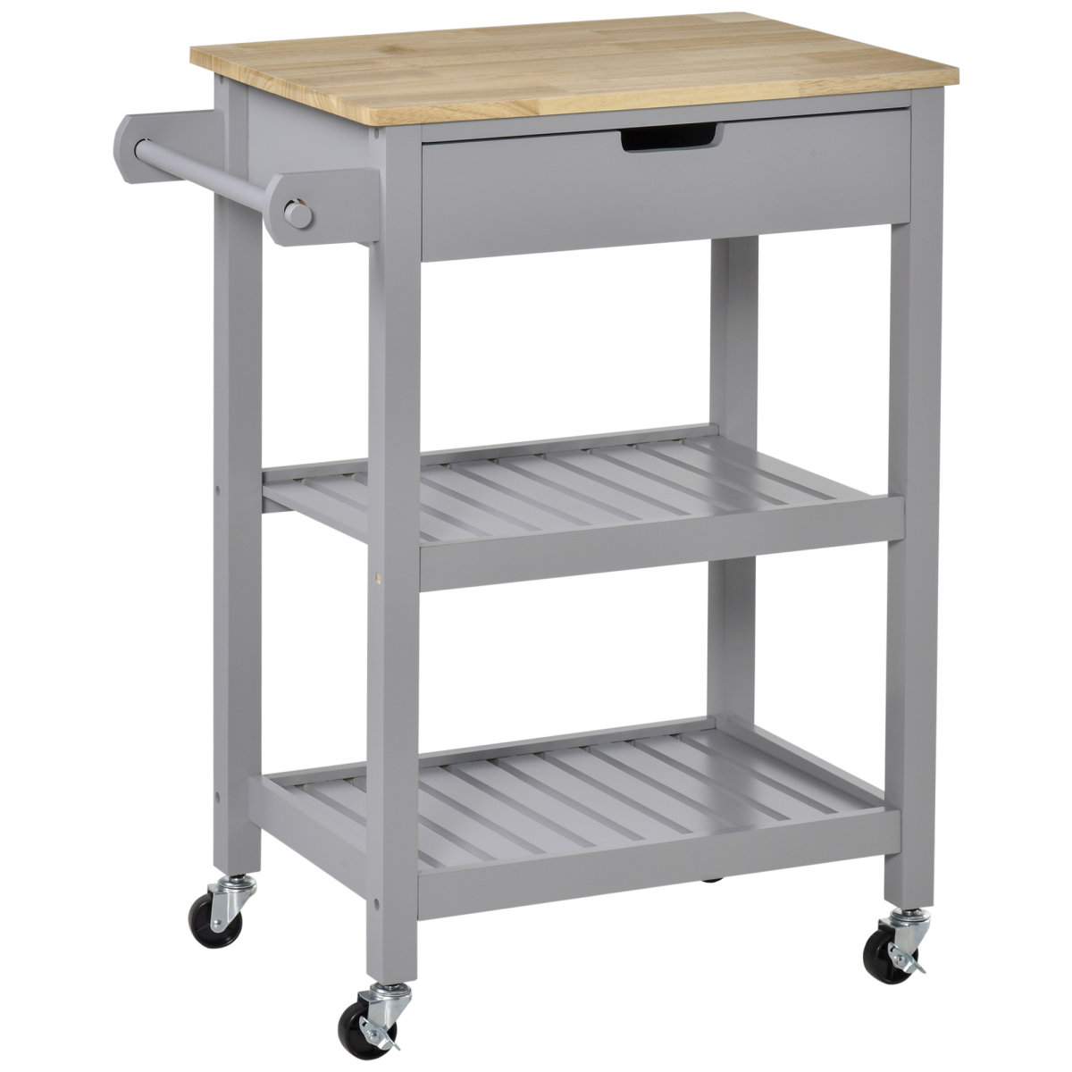 HOMCOM Kitchen Trolley Utility Cart on Wheels with Rubberwood Worktop, Drawer, 2 Shelves and Towel Rack