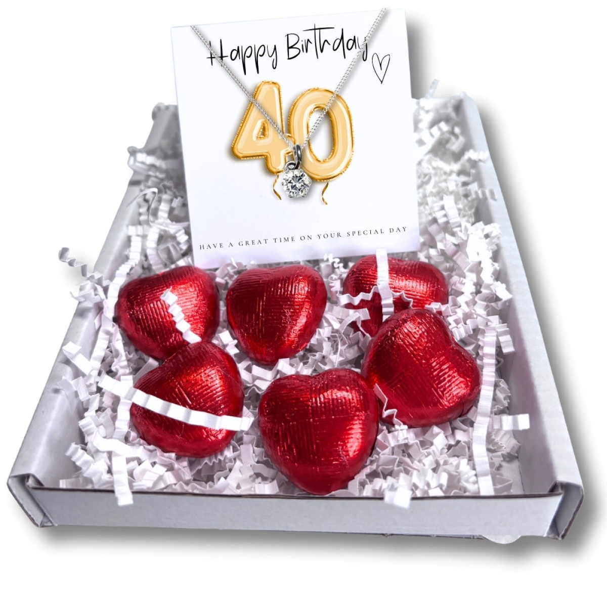 40th Birthday Silver Necklace Gift Hamper with Milk Chocolate Hearts