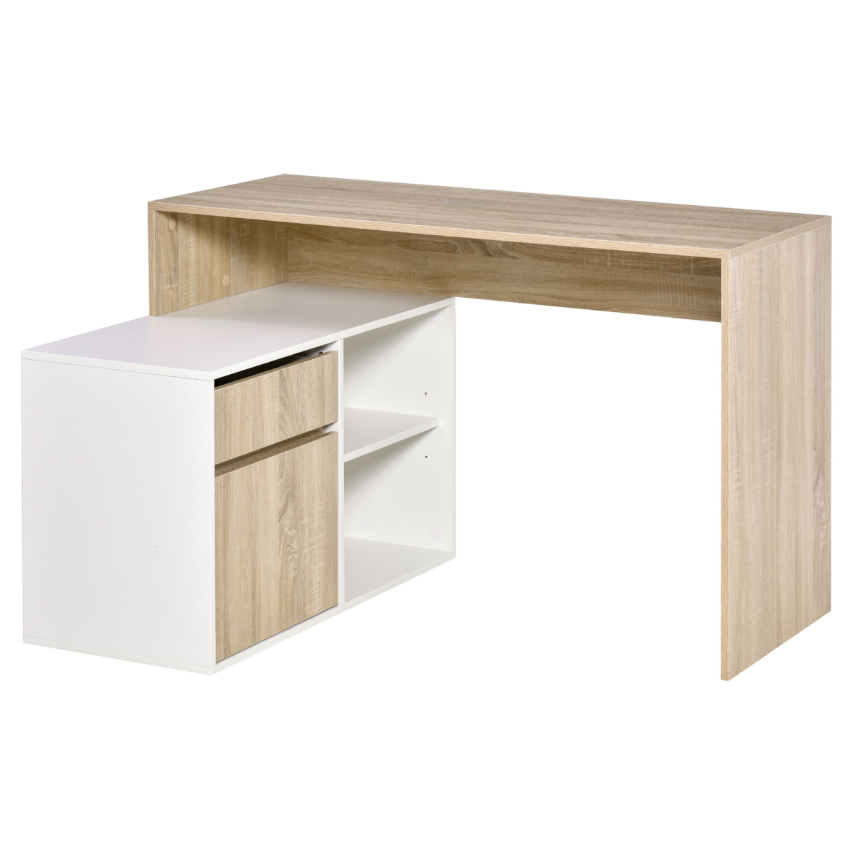 HOMCOM L-Shaped Corner Computer Desk with Cabinet, Drawer and Shelves, Oak and White