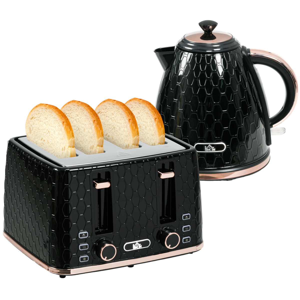 HOMCOM 1.7L Kettle and 4-Slice Toaster Set, Black, Defrost & Reheat