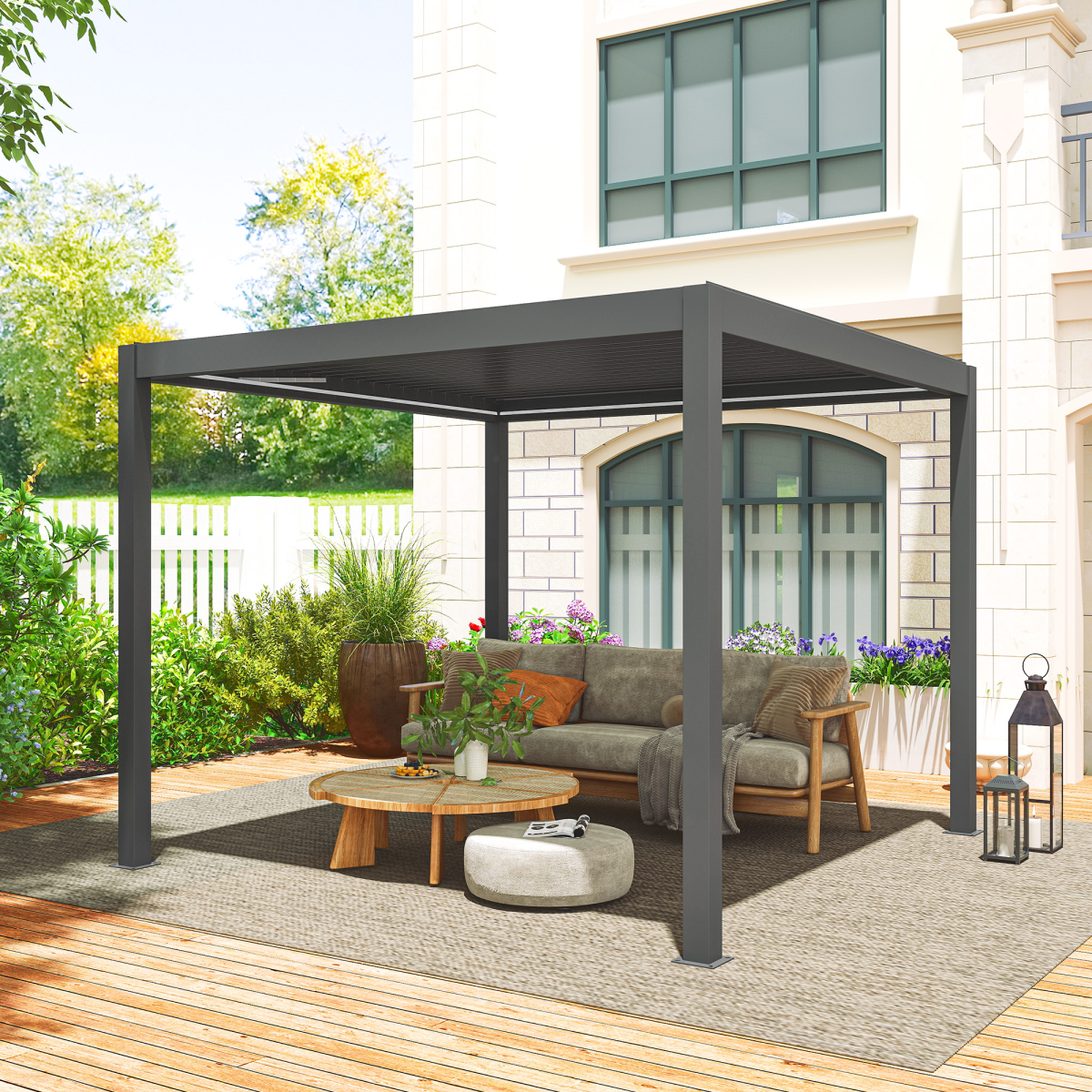 Outsunny 3x3m Electric Louvered Aluminium Pergola with LED Lights