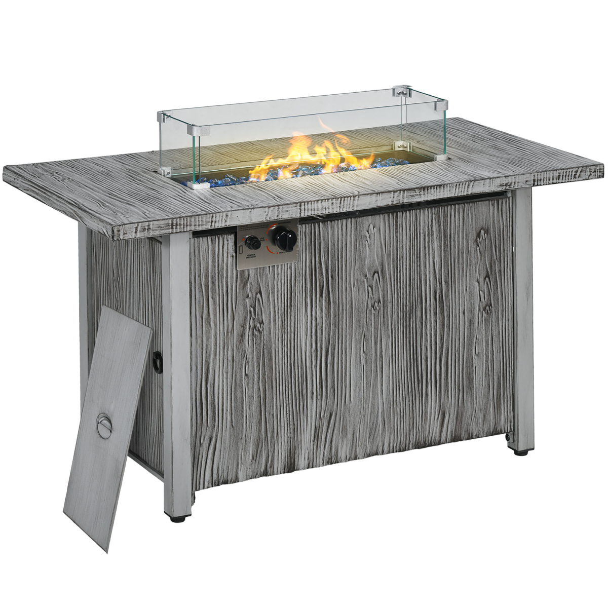 Outsunny Gas Fire Pit Table with 50,000 BTU Burner, Glass Screen and Rain Cover, Grey