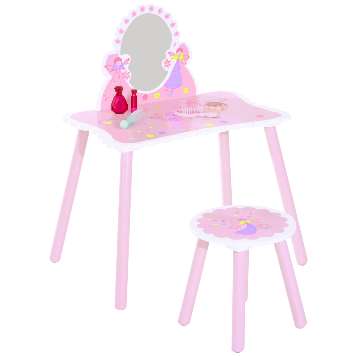 Pink Kids Dressing Table Vanity Set with Mirror and Chair, Girls Make Up Play Set