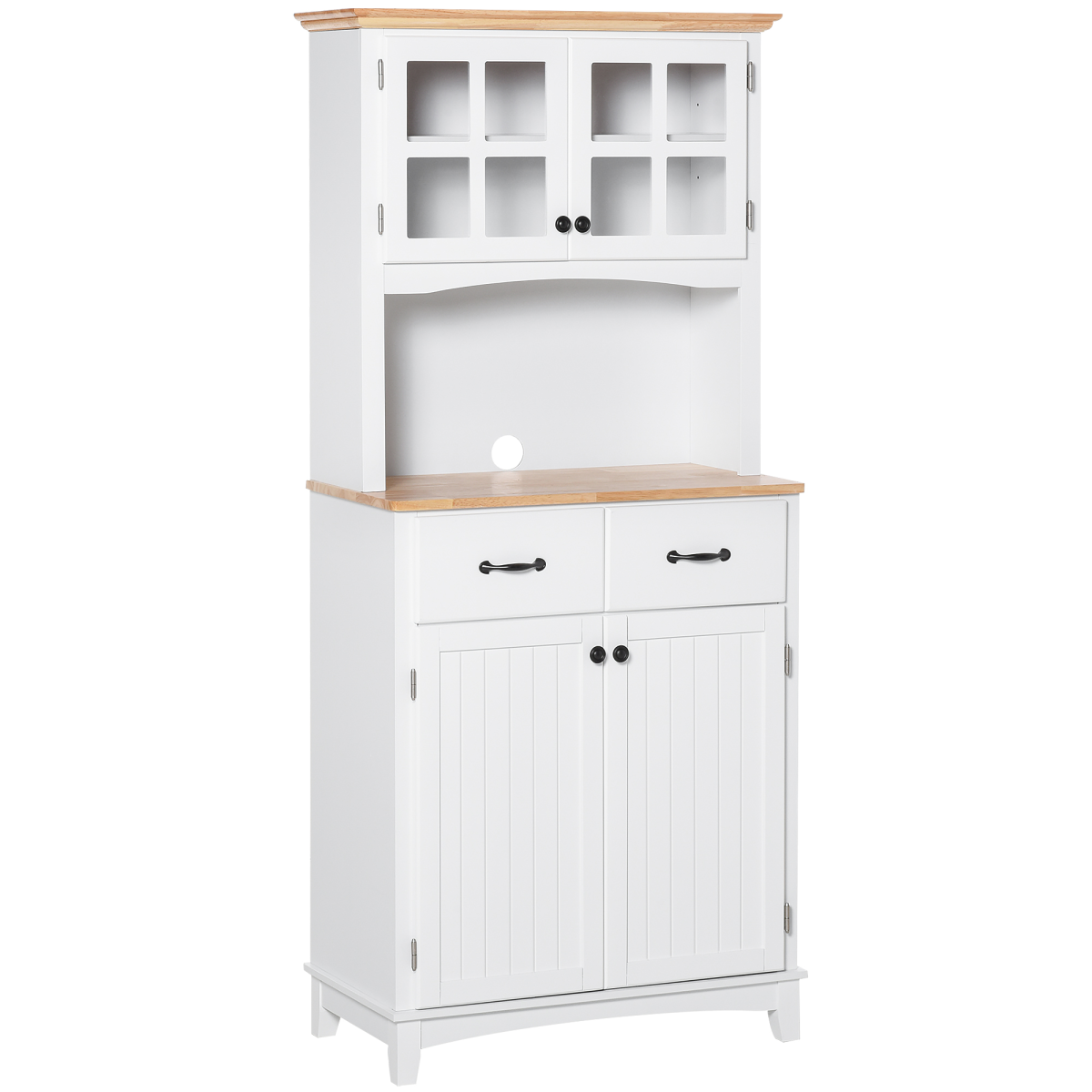 HOMCOM Kitchen Cupboard with Framed Glass Doors, 2 Drawers, Microwave Counter, White