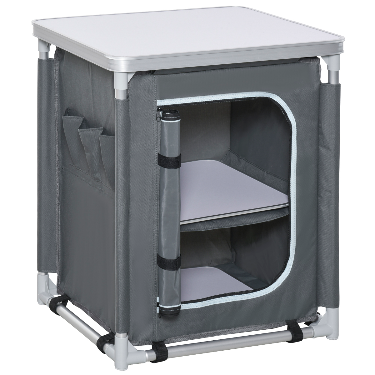 Portable Outdoor Camping Kitchen Station Cook Table with 2 Shelves, Aluminum Frame and Carry Bag