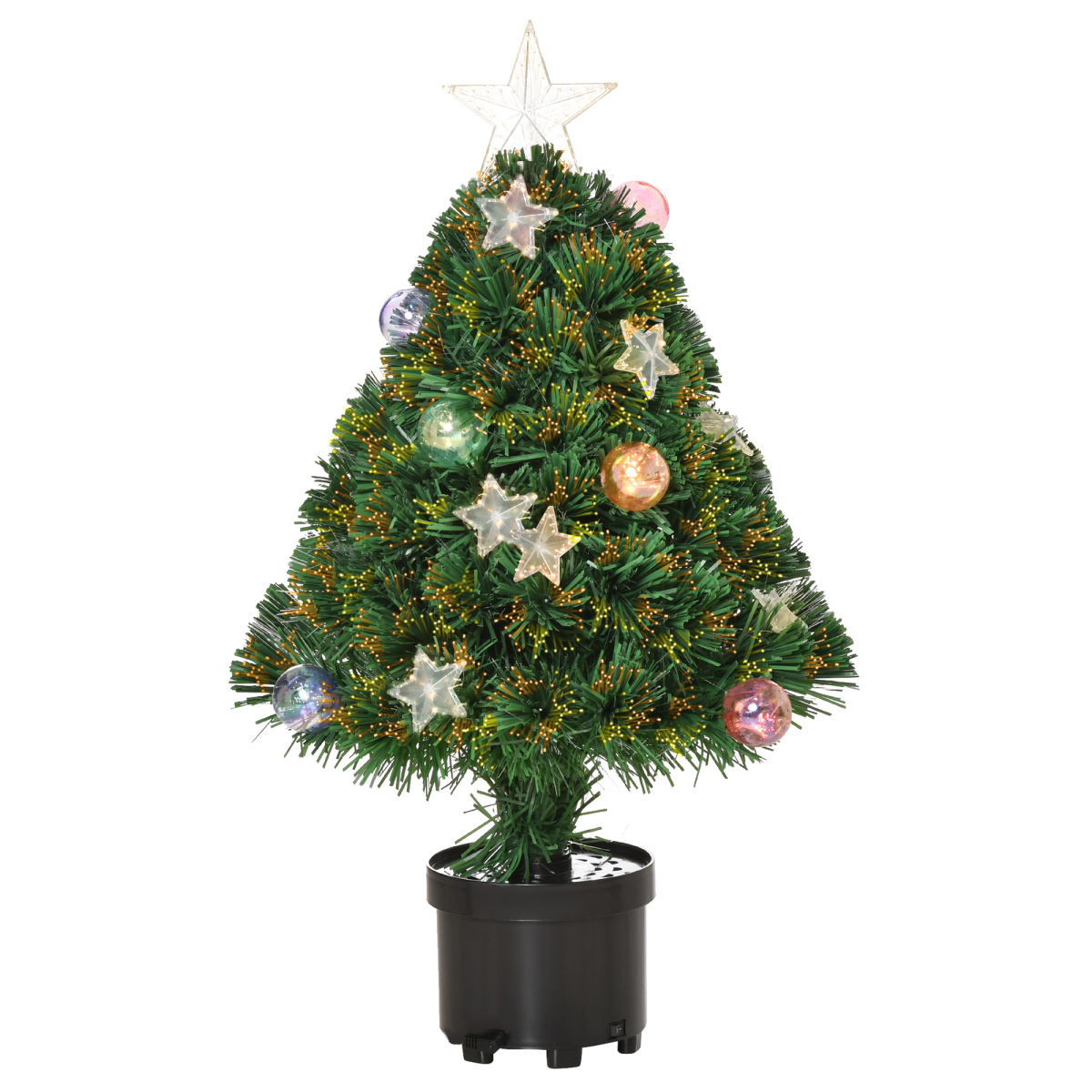 HOMCOM 2FT Pre-Lit Artificial Christmas Tree Tabletop with 60 Warm White LED Lights, Multicolor Fiber Optics, Black Pot, Green
