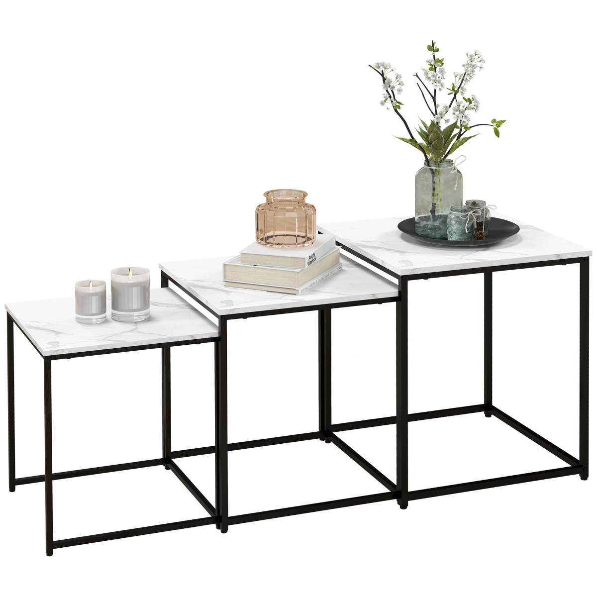 HOMCOM Set of 3 Nesting Coffee Tables, White Marble Effect