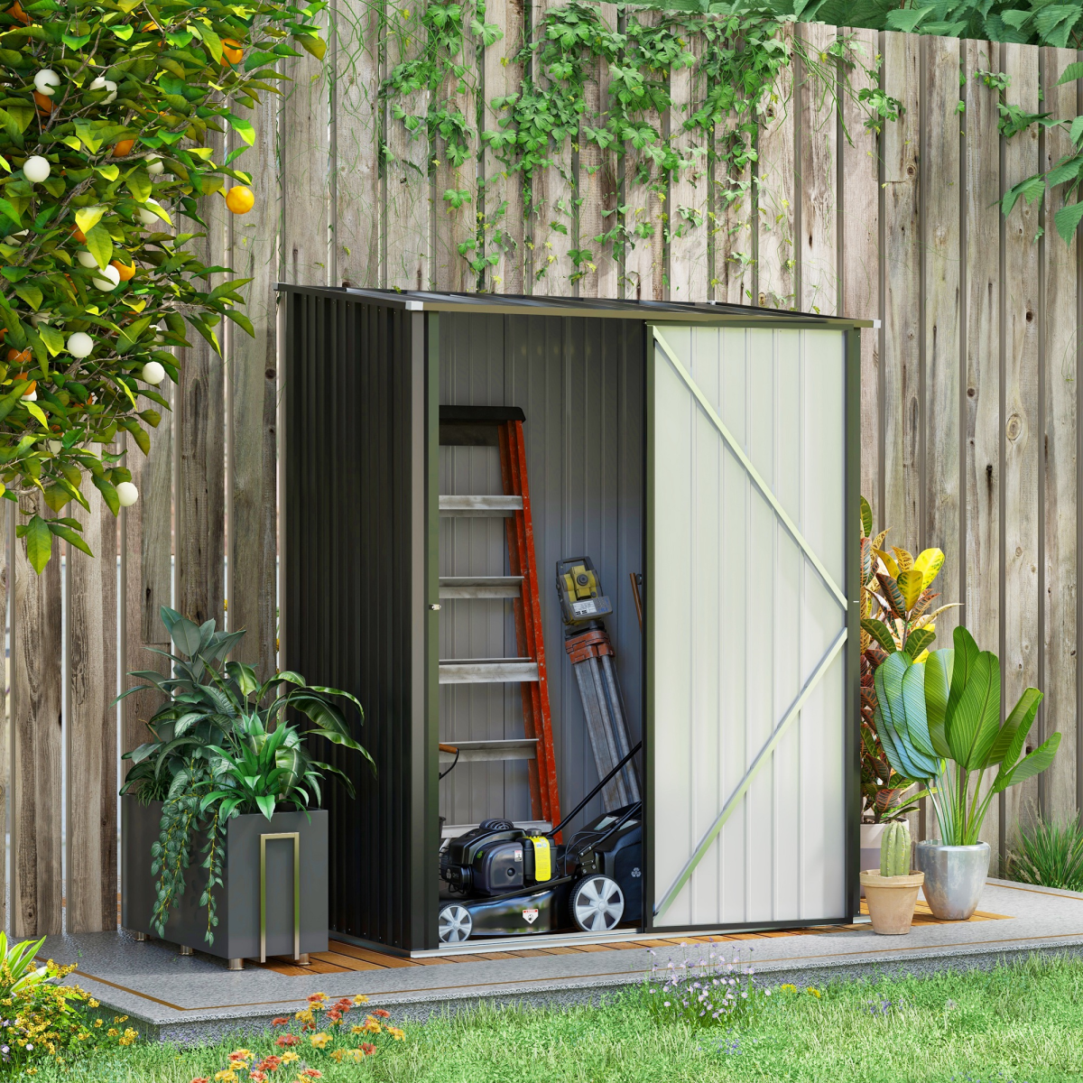 Black Galvanized Steel Garden Storage Shed with Lockable Door