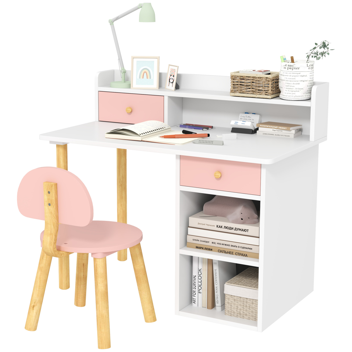 AIYAPLAY Kids Desk and Chair Set with Storage for Ages 3-8, Pink