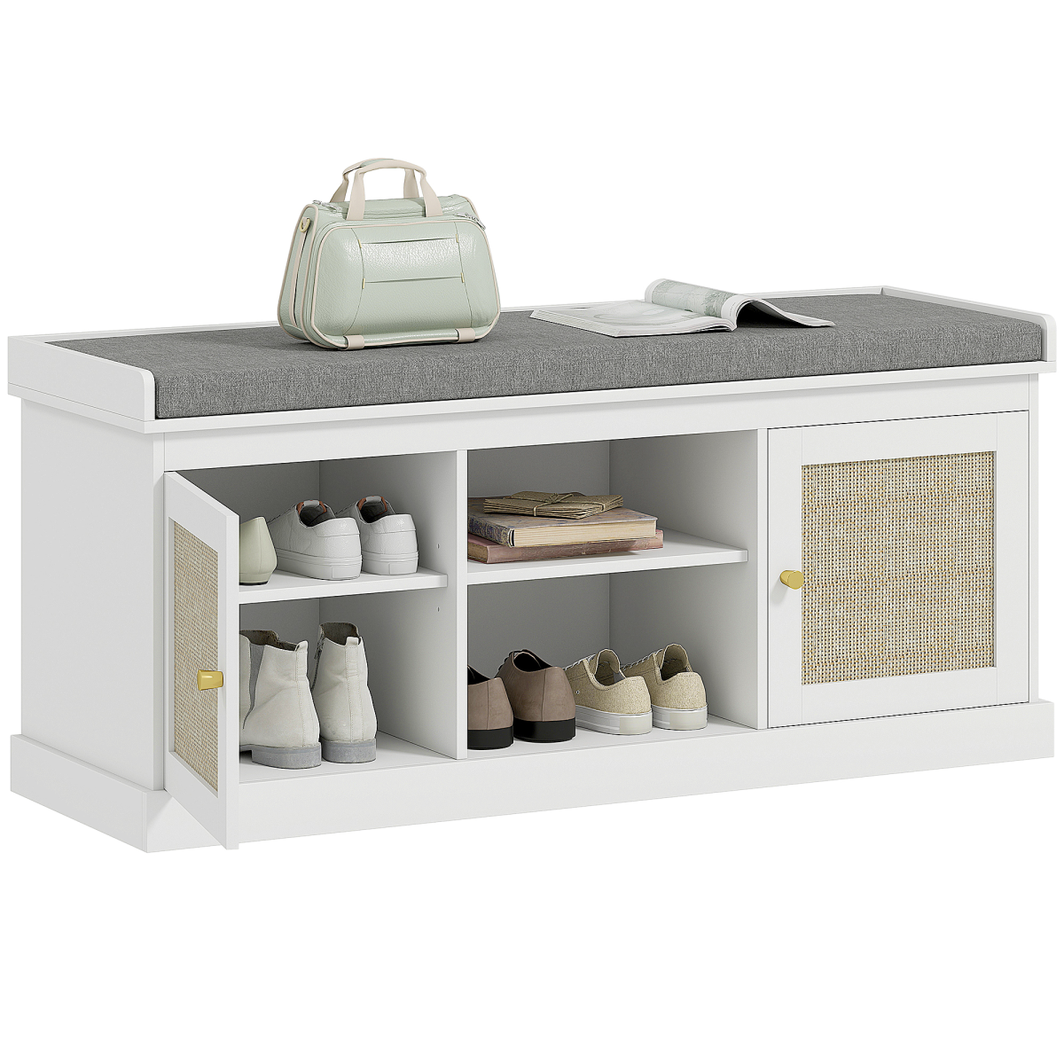 HOMCOM Boho Rattan Shoe Storage Bench with Padded Seat