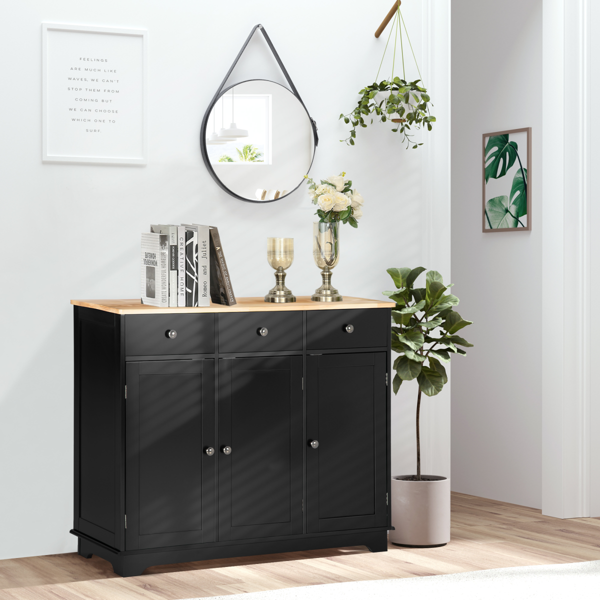 Kitchen Storage Cabinet with 3 Drawers, Adjustable Shelves, Engineered Wood
