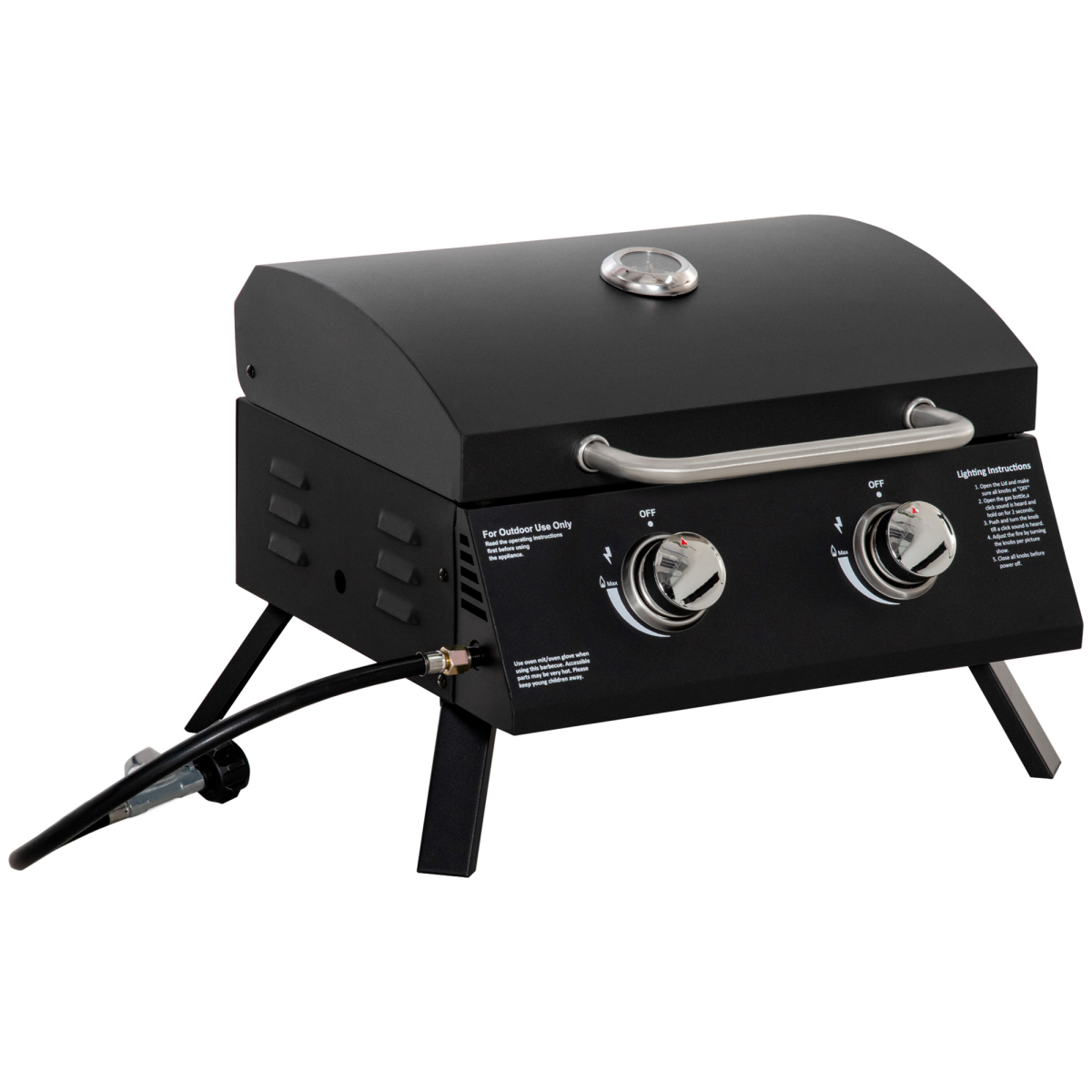 Outsunny 2 Burner Gas BBQ Grill Portable Folding Tabletop Barbecue with Lid Thermometer, Regulator and Hose Included, Black