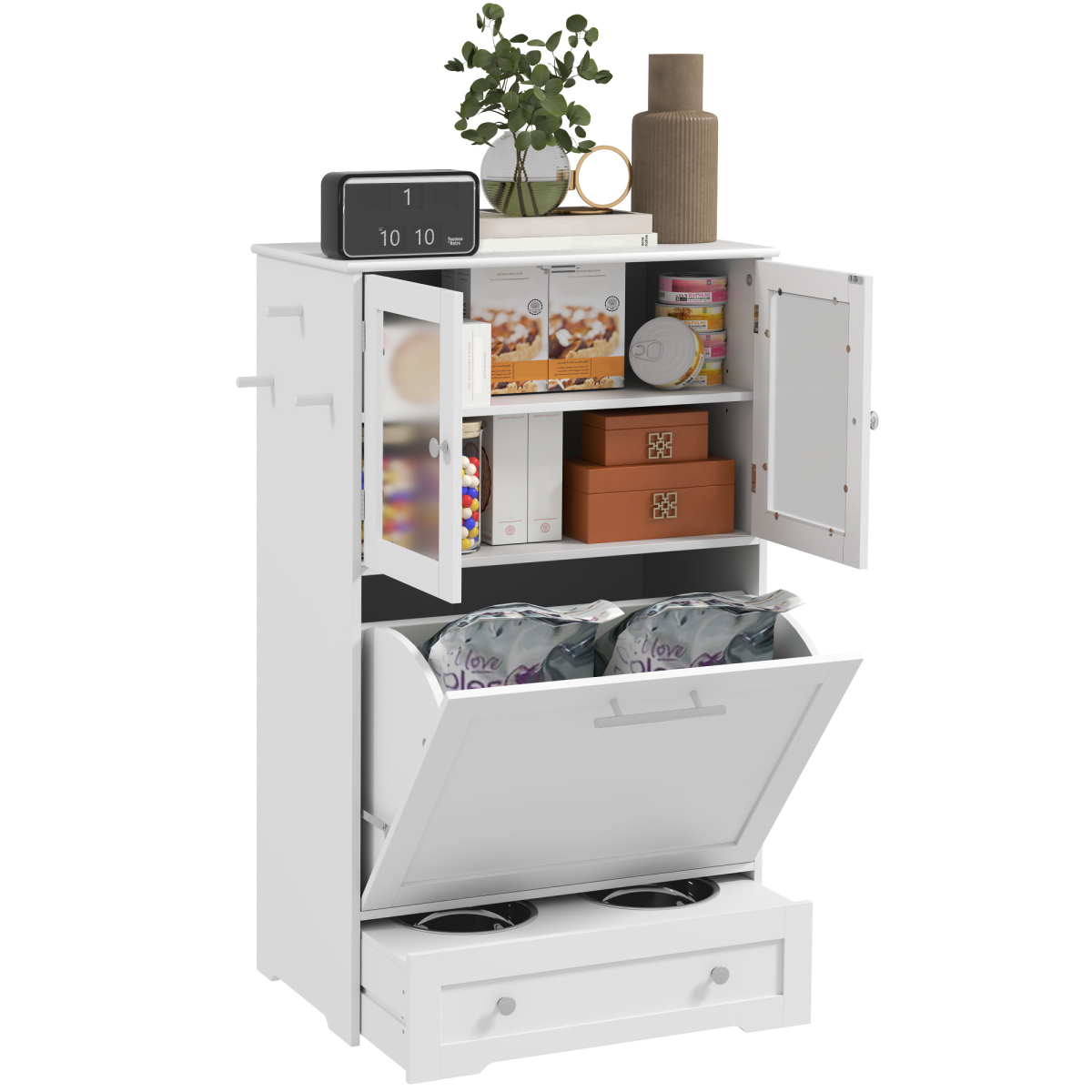 PawHut Dog Feeding Station with 2 Cabinets and 2 Elevated Bowls, White