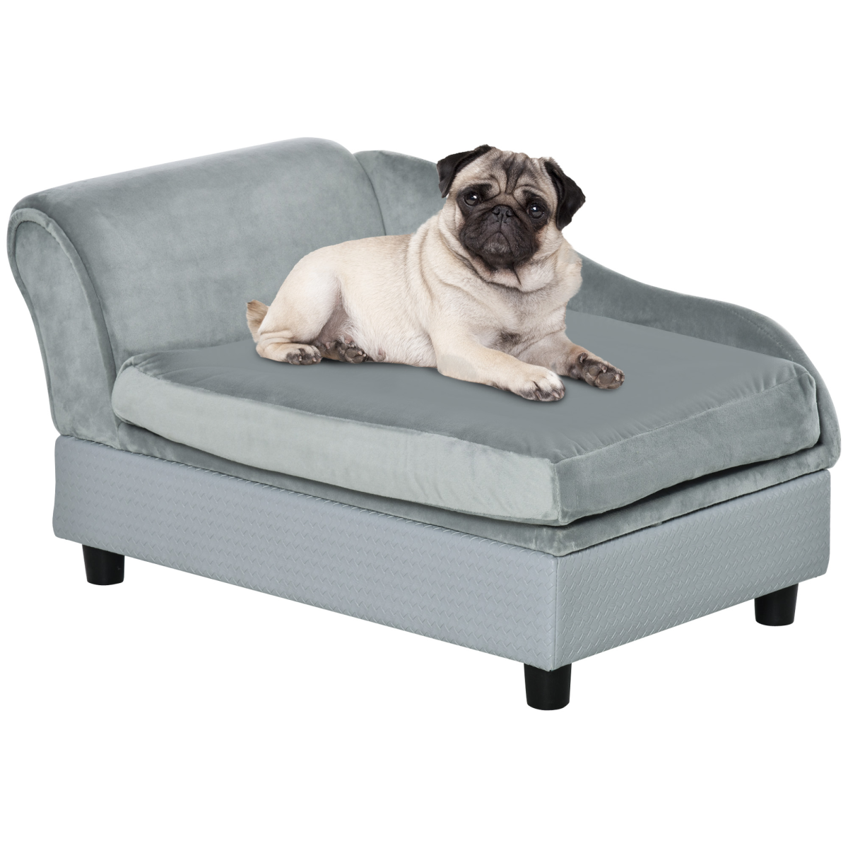 PawHut Pet Sofa with Storage, Cushion, Velvet Upholstered Dog Chair Cat Couch, Light Blue