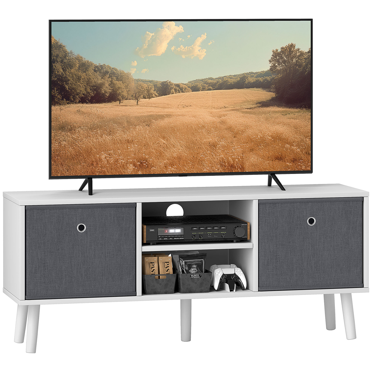 HOMCOM Modern TV Cabinet Stand with 2 Fabric Drawers, 2 Shelves, Cable Holes, Fits TVs up to 50in