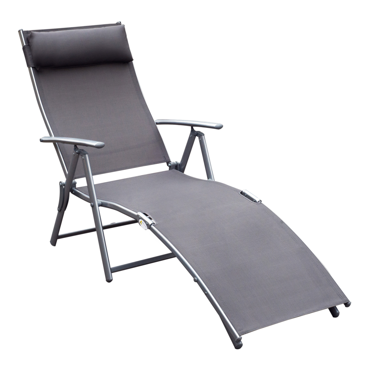Outsunny Foldable Sun Lounger Recliner with Pillow, 5-Level Adjustable Backrest, Textilene, Grey