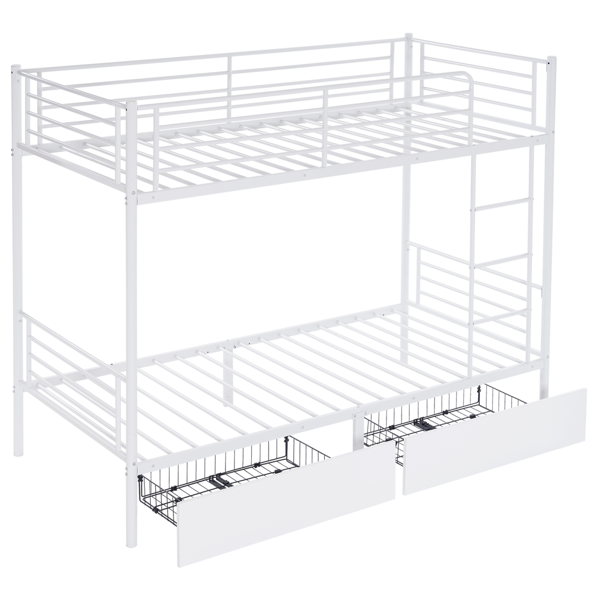 Twin Over Twin Metal Bunk Bed with 2 Storage Drawers, Full-Length Guard Rail, Ladder, White