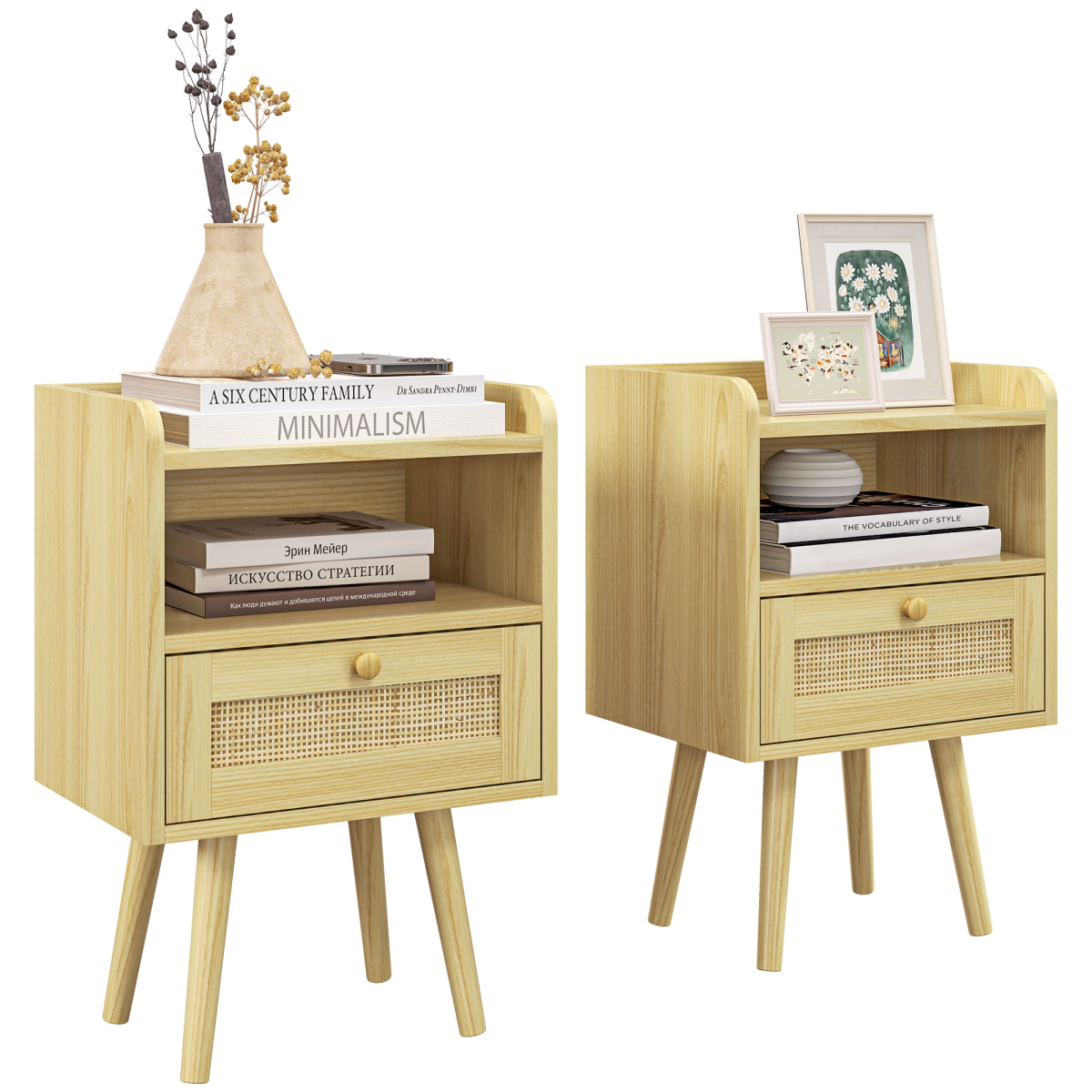 HOMCOM Set of 2 Boho Bedside Tables with Drawer and Shelf