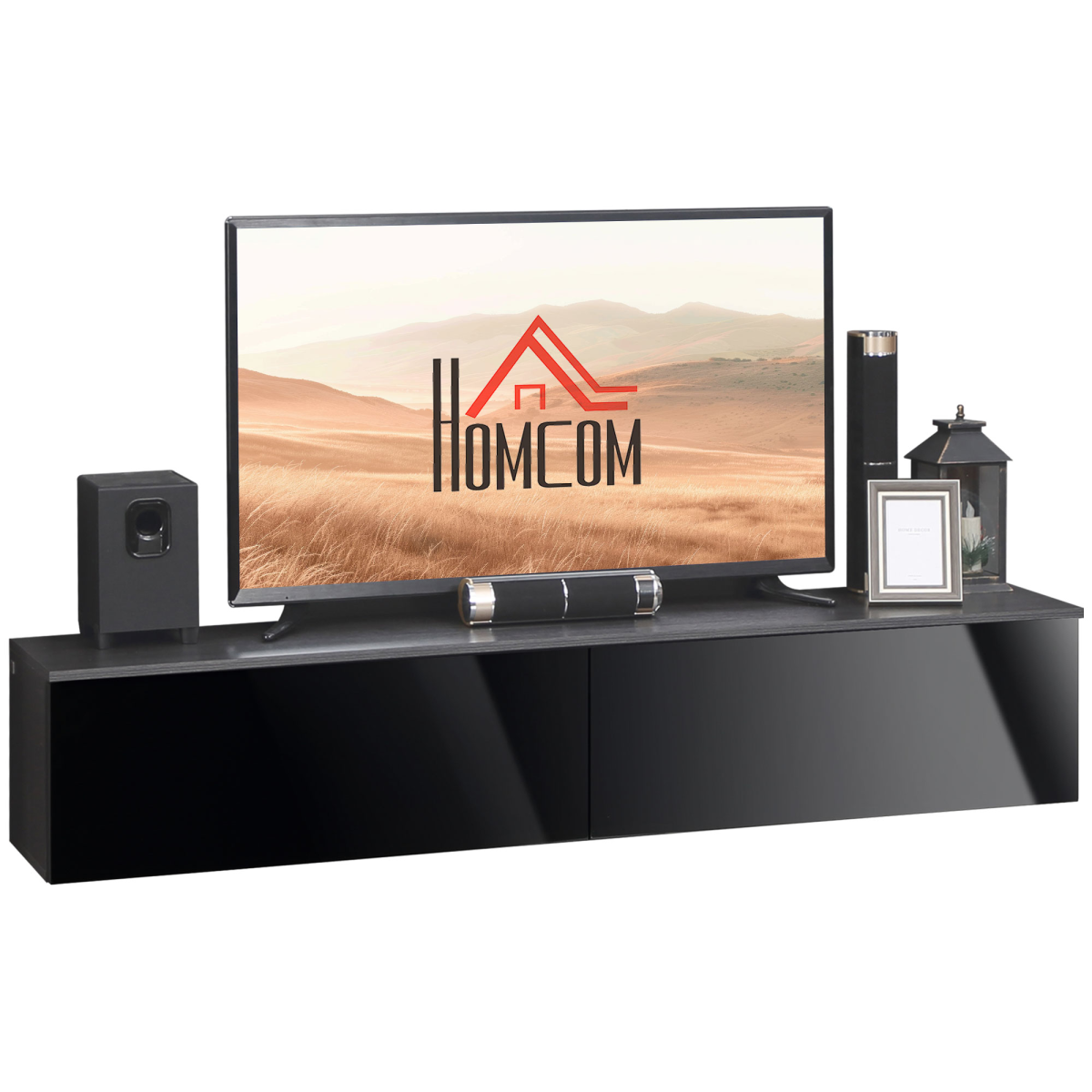 Floating Wall-Mounted TV Unit Stand with Storage Cupboards and High Gloss Doors