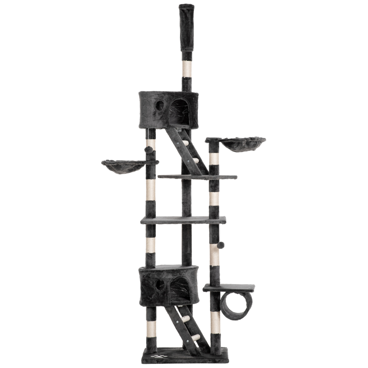PawHut 240-260cm Floor to Ceiling Cat Tree with Scratching Posts, Cat Houses, Ramps, Hammocks and Tunnel - Dark Grey