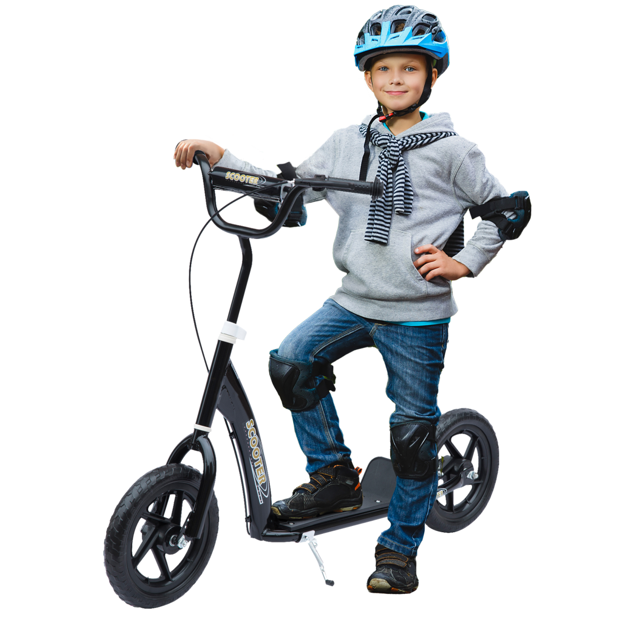 Kids Stunt Scooter with 12in Foam Wheels, Adjustable Height, Steel Frame, Black