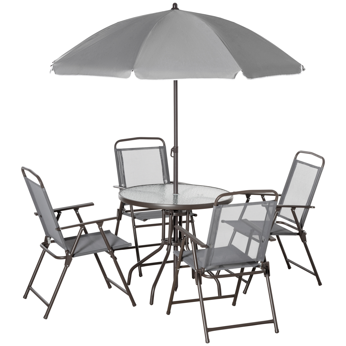Outsunny 6-Piece Patio Dining Set with Umbrella, 4 Folding Chairs and Tempered Glass Table