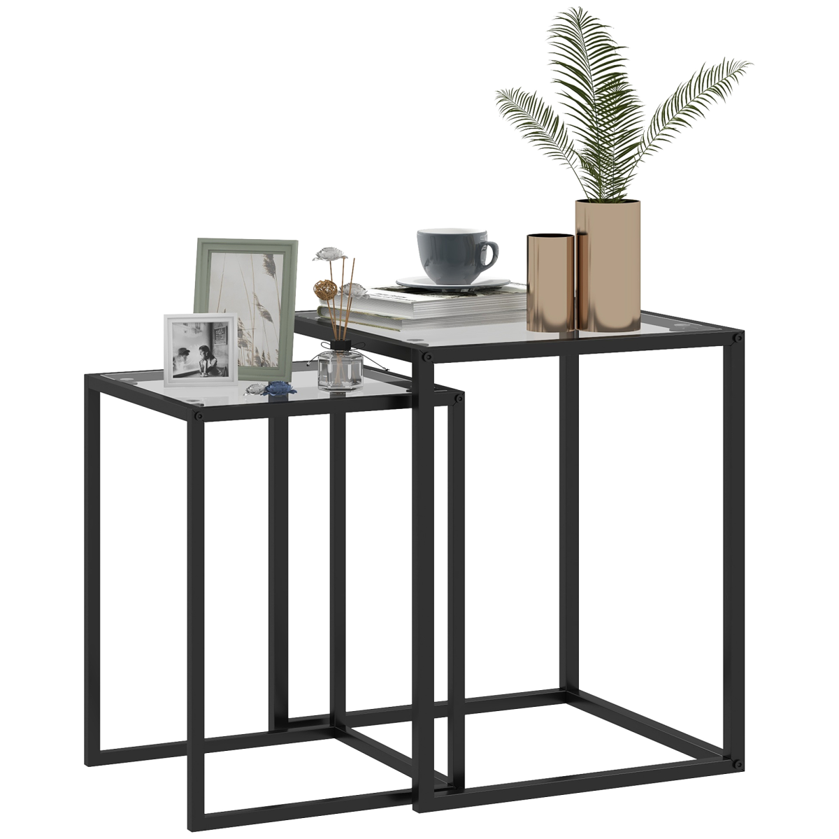 HOMCOM 2-Piece Nesting End Tables with Tempered Glass Top, Black