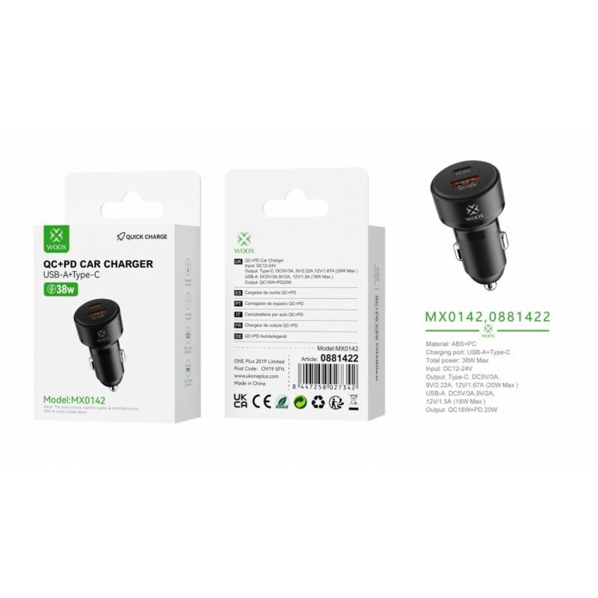 Woox MX0142 Dual Fast Charging Car Charger, 20W PD + 18W QC, Black