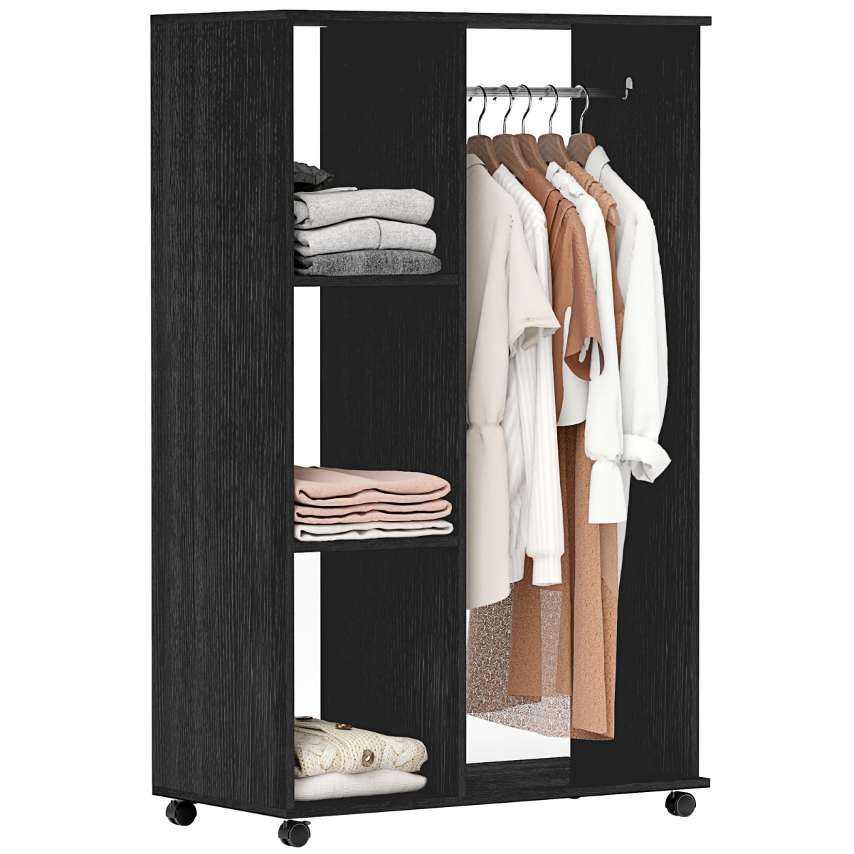 HOMCOM Rolling Open Wardrobe with Hanging Rail and Shelves, Black