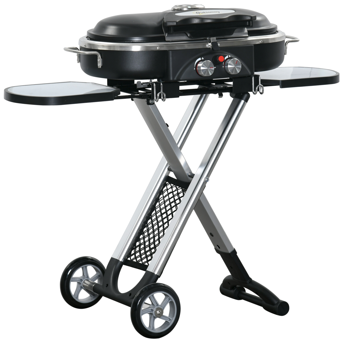 Outsunny Foldable 2 Burner Gas BBQ Grill Trolley with Side Shelves and Thermometer