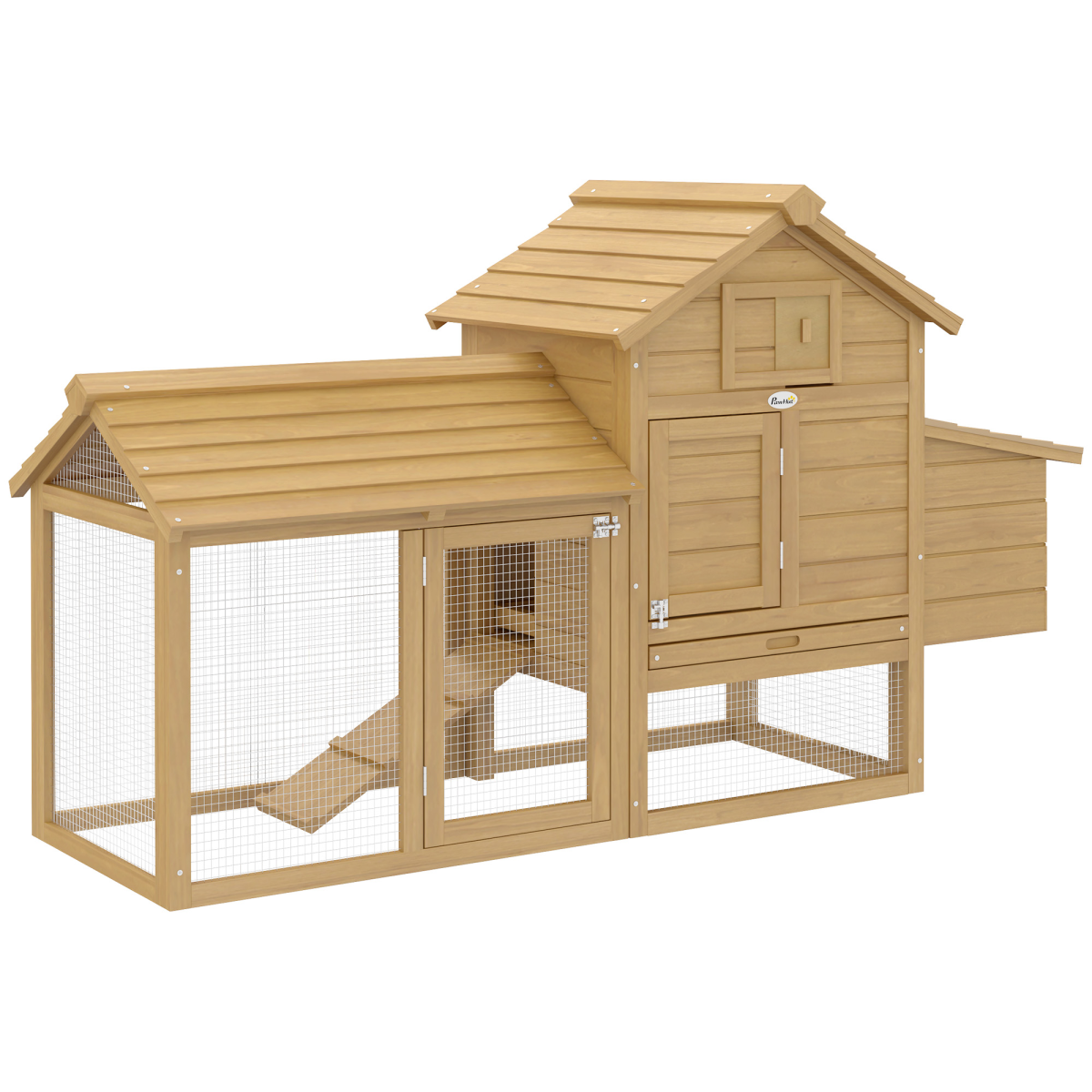 Small Wooden Chicken Coop with Nesting Box, Outdoor Run, Ramp, Door and Slide-Out Tray, 150.5 x 54 x 87 cm
