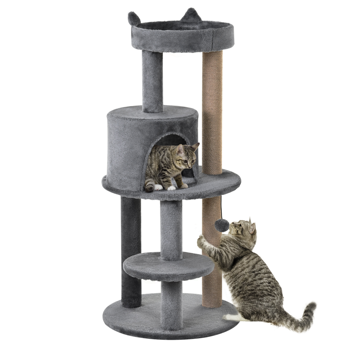 104cm Deluxe Multi-Tier Cat Activity Tree with Scratching Posts, Perch, House and Hanging Ball - Grey