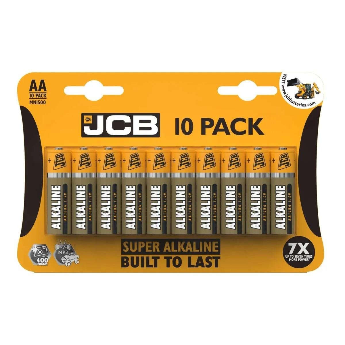 JCB Super Alkaline AA Batteries, Card of 10