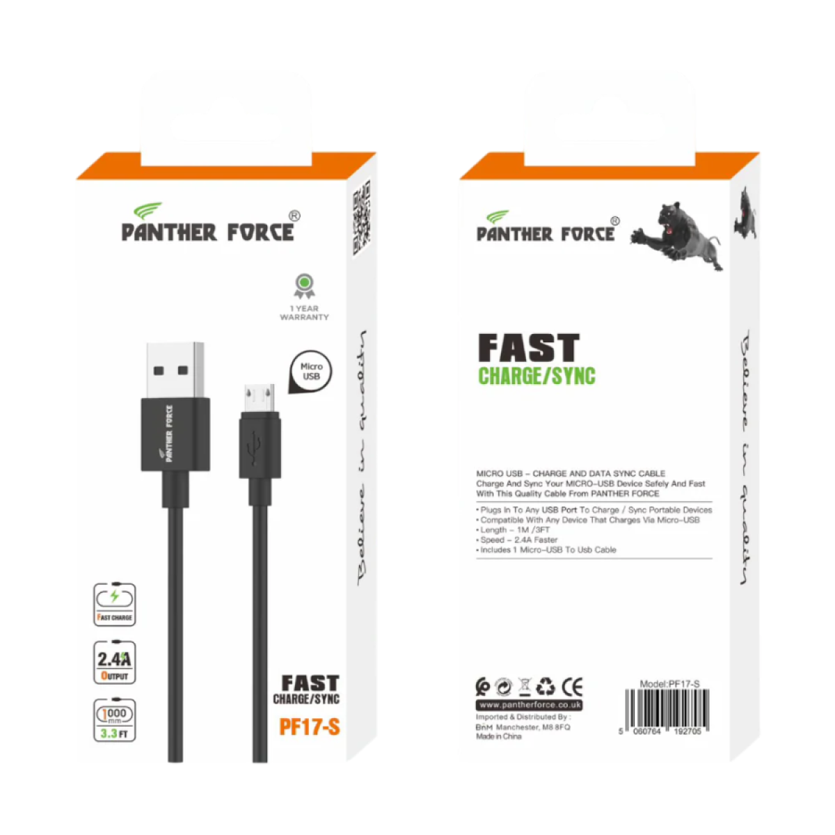 Panther Force Fast Charge & Sync Micro USB Cable, High-Speed Data Transfer, 1M