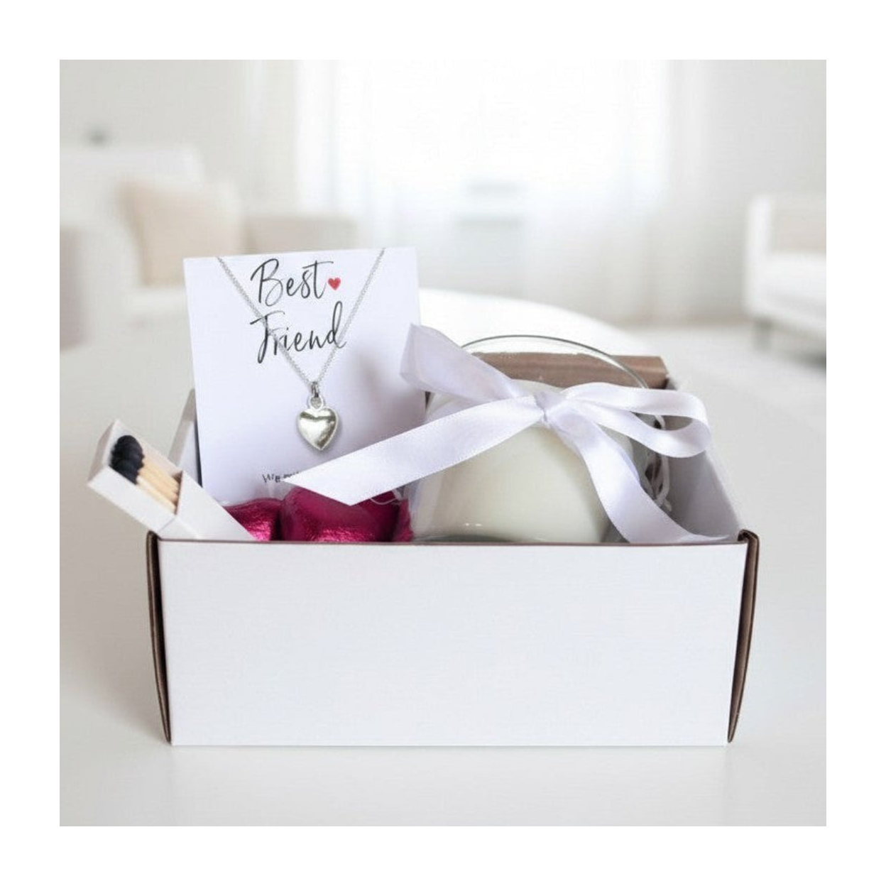 Best Friend Silver Heart Charm Necklace Gift Hamper with Vanilla Candle, Matches & Milk Chocolate Hearts