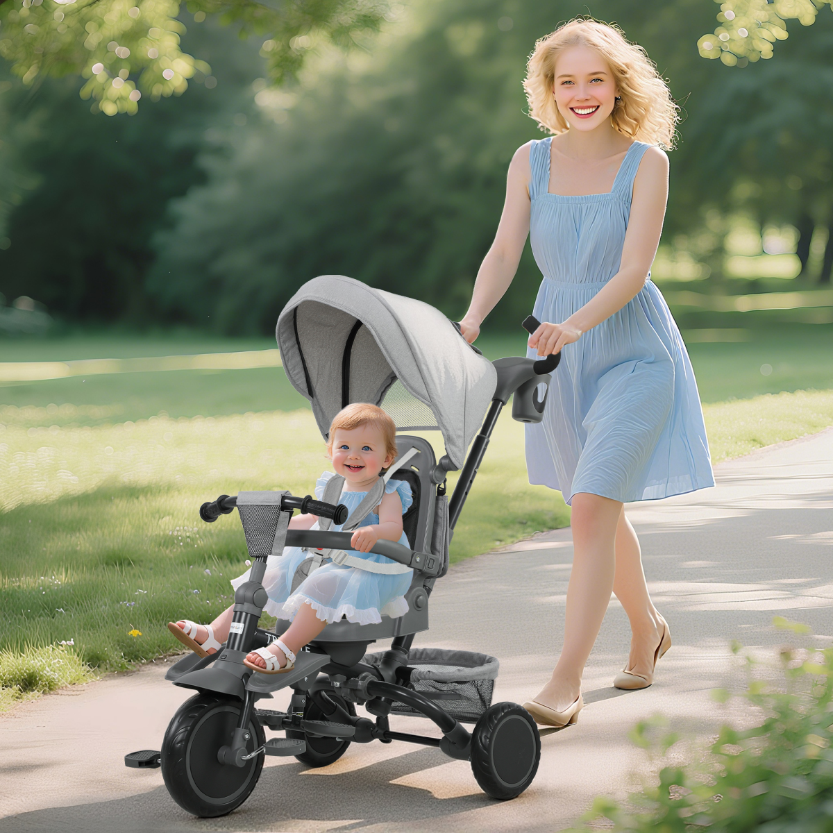 6-in-1 Kids Trike with Adjustable Backrest, Rotating Seat, Push Handle, Grey