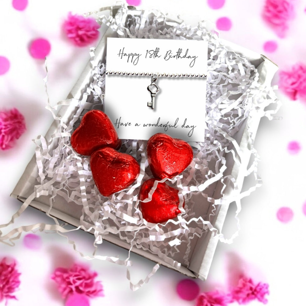 18th Birthday Charm Bracelet Gift Hamper with Message Card and Milk Chocolate Hearts