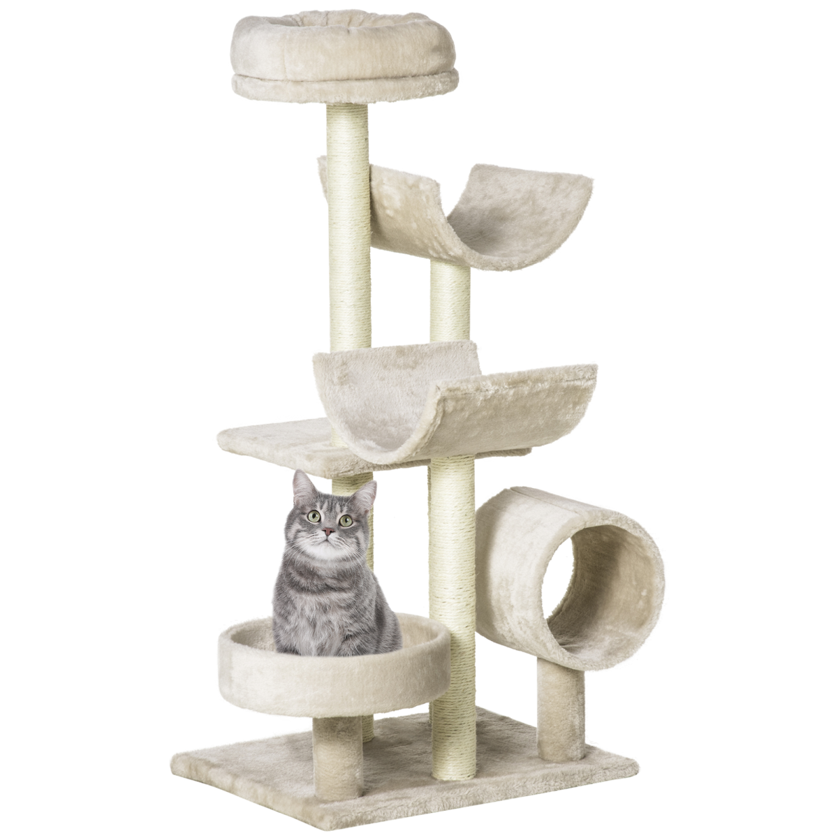Large Multi-Level Cat Tree with Scratching Post, Perches and Tunnel, Beige