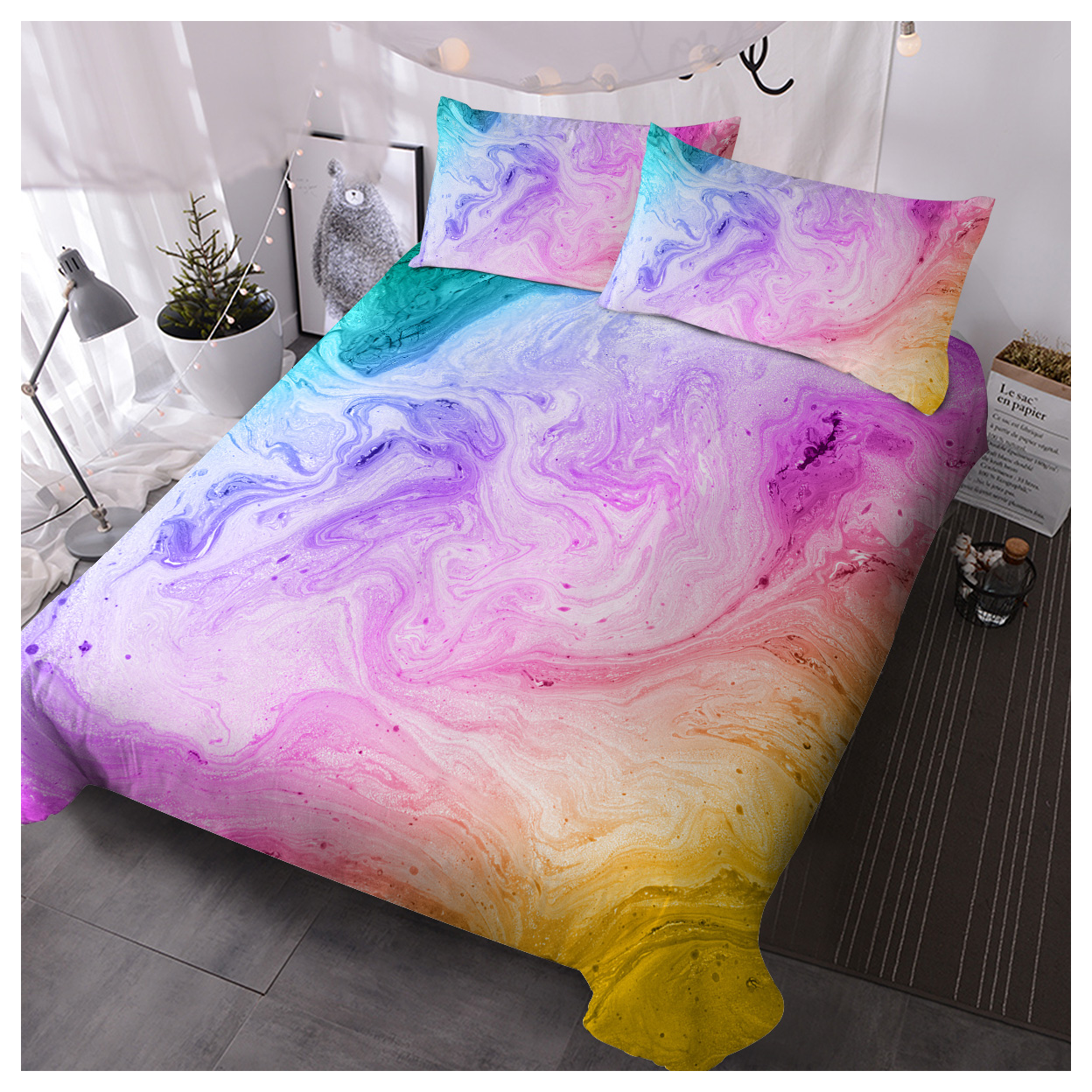 Rainbow Glitter Ombre Duvet Cover Set 3 Piece with 2 Pillow Shams, Unicorn Pastel Bedding, Single Size