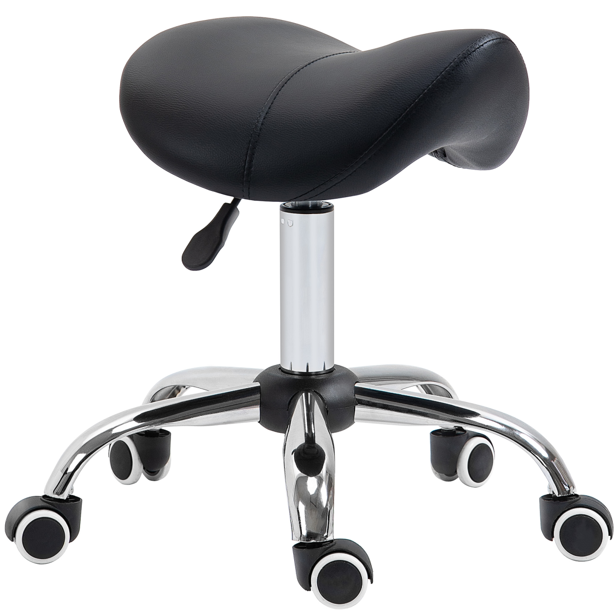Black PU Leather Saddle Stool with Padded Seat, Adjustable Height, 5 Wheels