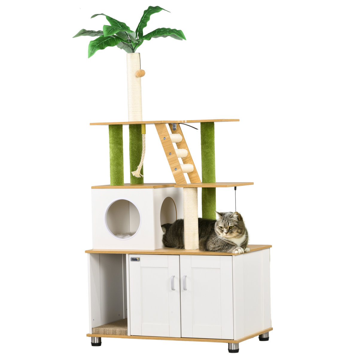 PawHut 2-in-1 Hidden Litter Box Cat Tree, Indoor, Oak