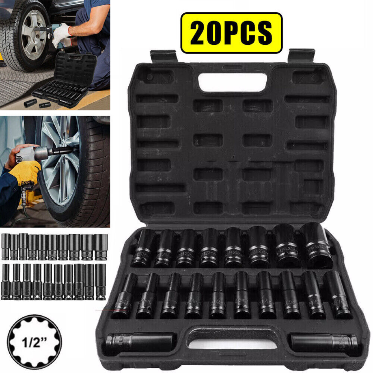 20-Piece Deep Impact Socket Set, 1/2 Inch Drive, Metric 8-32mm, with Storage Case