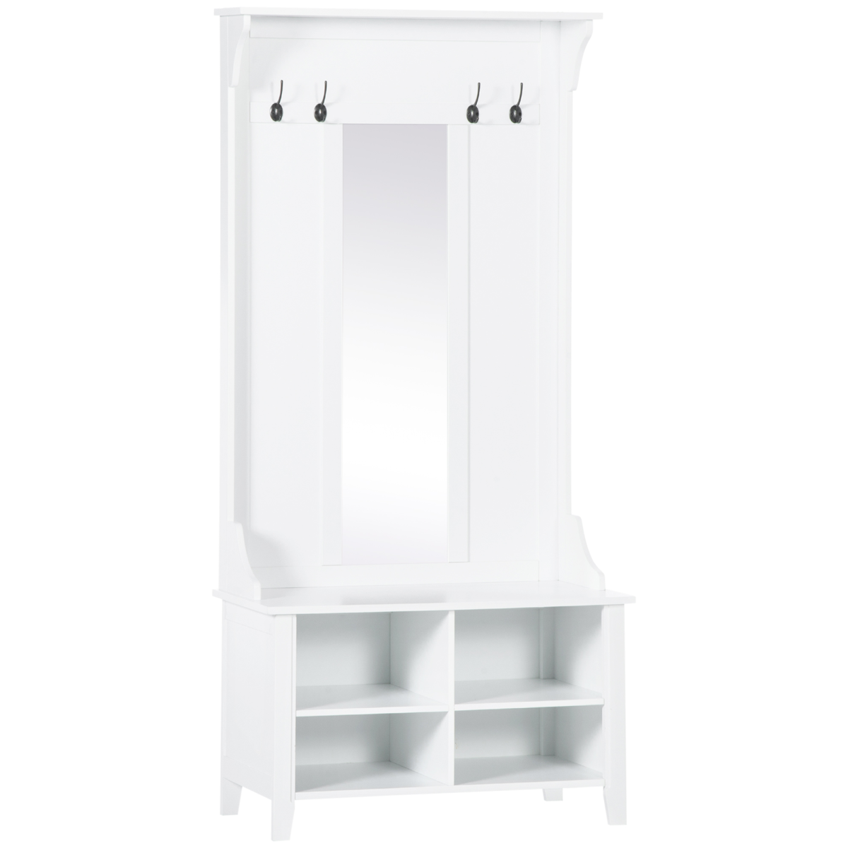 HOMCOM 3-in-1 Mirrored Shoe Cabinet with 4 Coat Hooks, Top Shelf, 4 Shoe Storage Cubes, White, 80 x 40 x 170 cm